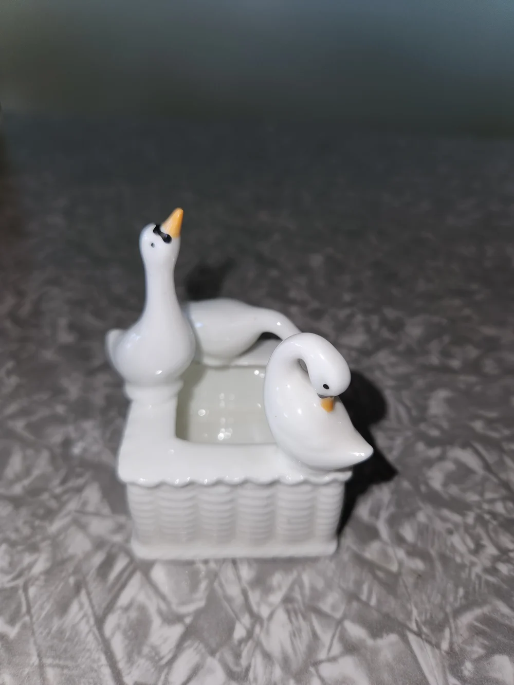 White Ceramic Goose Trinket Holder with Three Decorative Geese